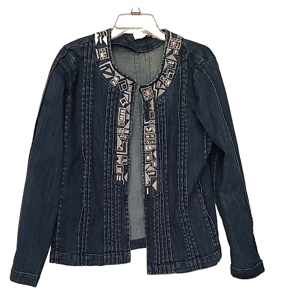 Choices Denim Jean Jacket L Open Front Blue Pleated Rhinestones Embroidered